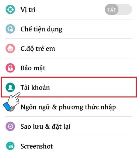 Trong cài đặt, chọn Tài khoản