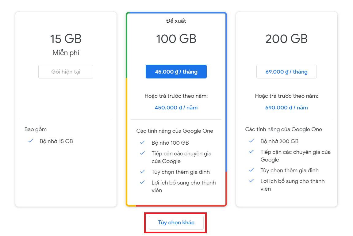 Các gói nâng cấp cơ bản cho Google Drive