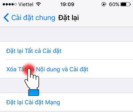 Chọn Xóa tất cả nội dung và cài đặt