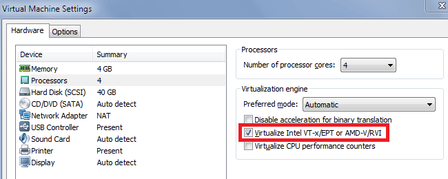 Chọn Virtualize Intel VT-x / EPT hoặc AMD-V / RVI