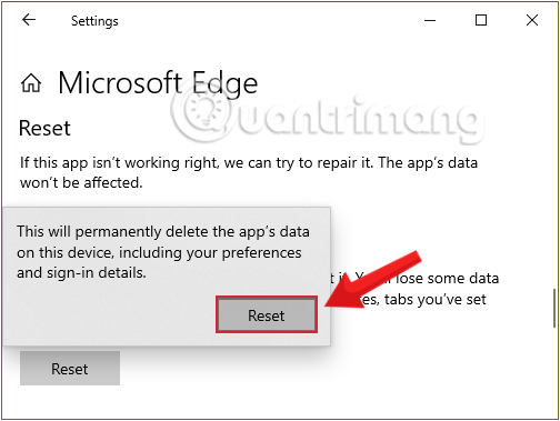 Xác nhận Reset Edge trước khi Windows thực hiện việc này