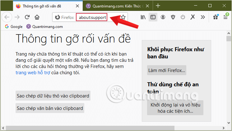 Đi tới about: support trong Firefox