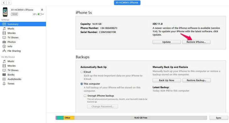 Chọn Khôi phục iPhone.