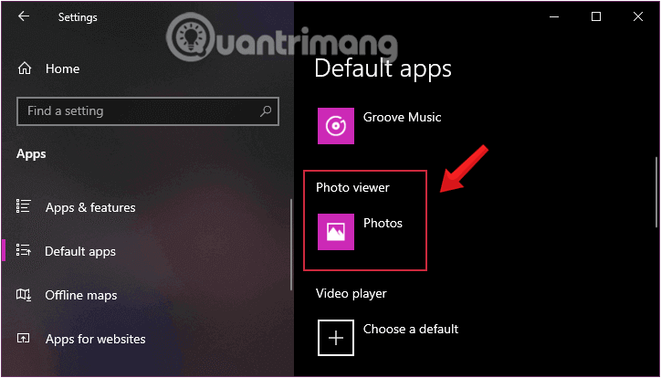 Tìm Photo Viewer trong cài đặt ứng dụng mặc định trên Windows 10