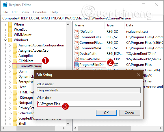 Thay đổi giá trị trong vùng dữ liệu Giá trị của ProgramFilesDir thành C:  Program Files