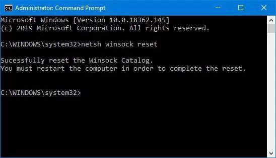Nhập lệnh netsh winock reset