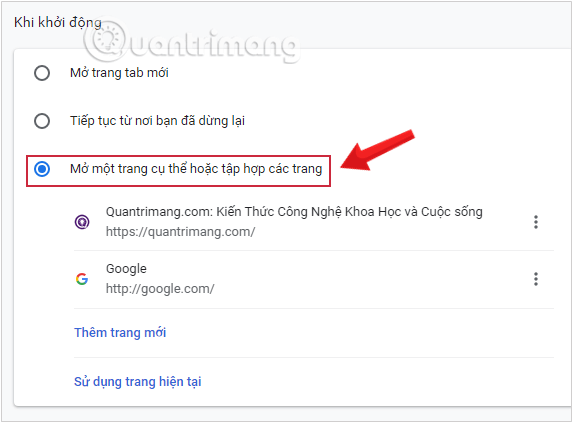 Mở một trang cụ thể hoặc tập hợp các trang trong Chrome