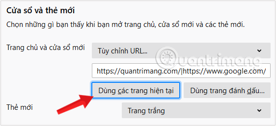 Chọn tùy chọn Sử dụng Trang Hiện tại