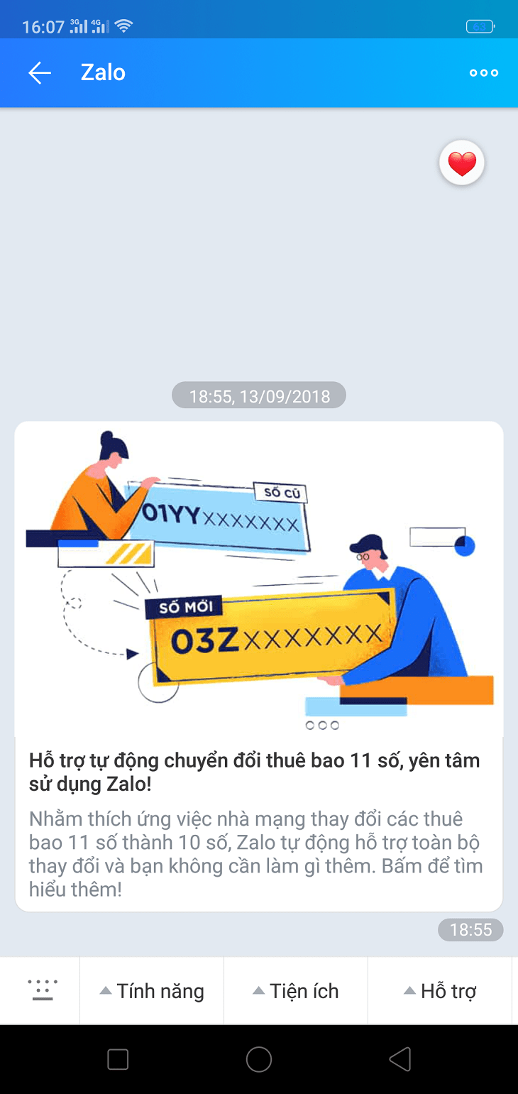 Zalo gửi thông báo đến người dùng thông qua ứng dụng này và tự động cập nhật việc chuyển đổi đầu số mới