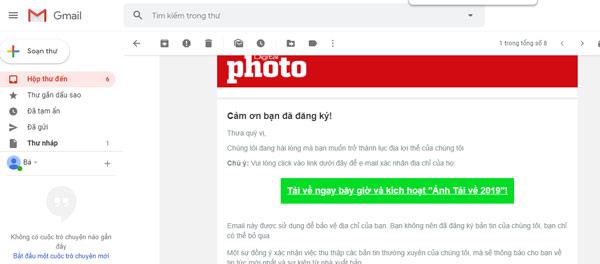 Mở email để lấy mã bản quyền