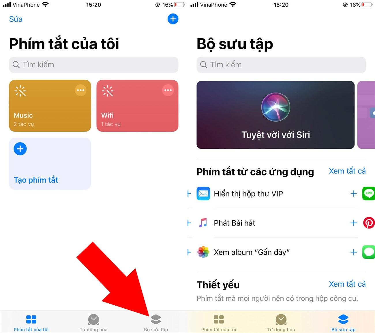 các phím tắt được tạo sẵn