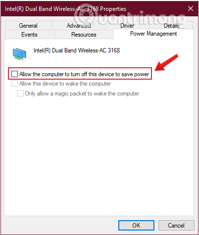 Trên tab Quản lý nguồn, xóa để cho phép máy tính tắt thiết bị này để tiết kiệm pin