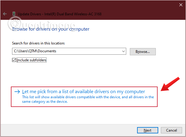 Nhấp vào Để tôi chọn từ danh sách trình điều khiển thiết bị trên máy tính của tôi.