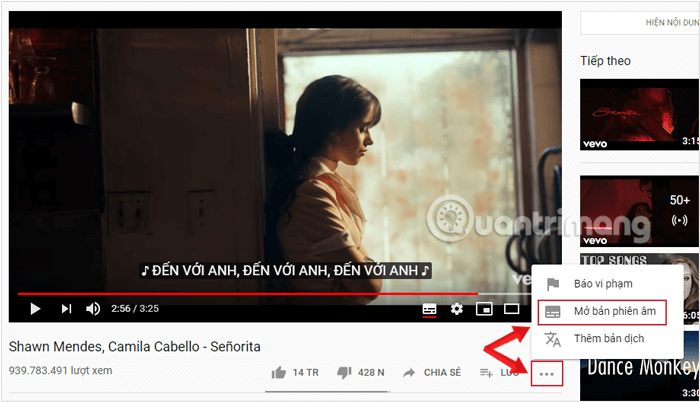 Chọn Mở phiên âm để nhận phụ đề video YouTube