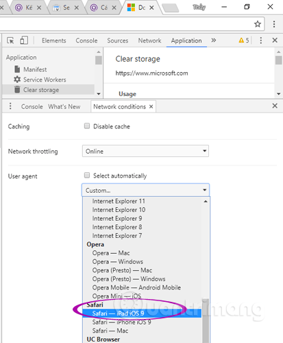 Chọn User Agent Safari