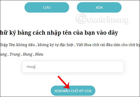 Chữ ký được tạo với tên 