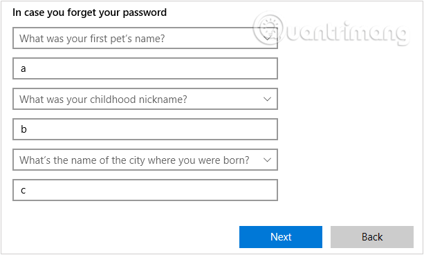 Thêm câu hỏi bảo mật trong trường hợp mật khẩu người dùng bị quên