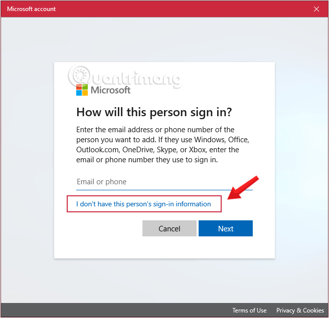 Nhấp vào Tôi không có thông tin đăng nhập của người này để tiếp tục tạo tài khoản người dùng Windows 10