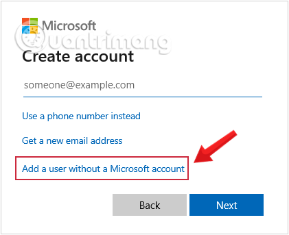 Nhấp vào Thêm người dùng không có tài khoản Microsoft