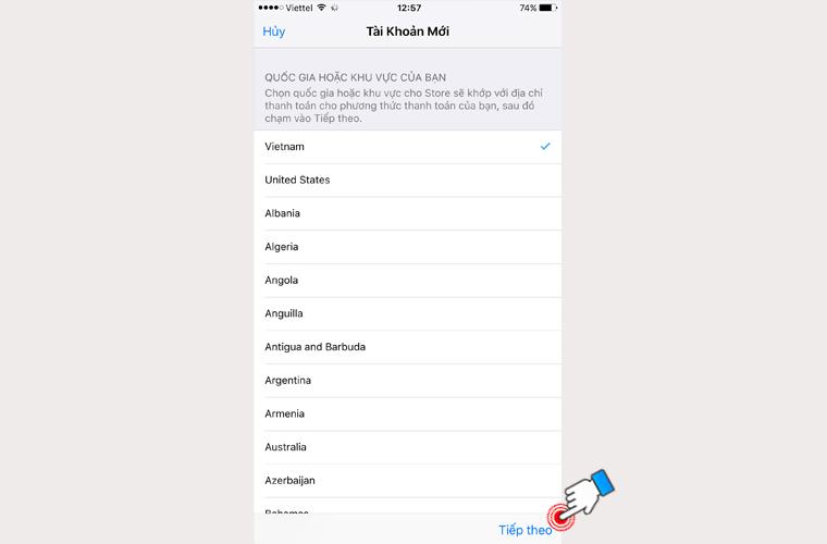 Chọn quốc gia và khu vực là Việt Nam, sau đó nhấp vào Tiếp theo