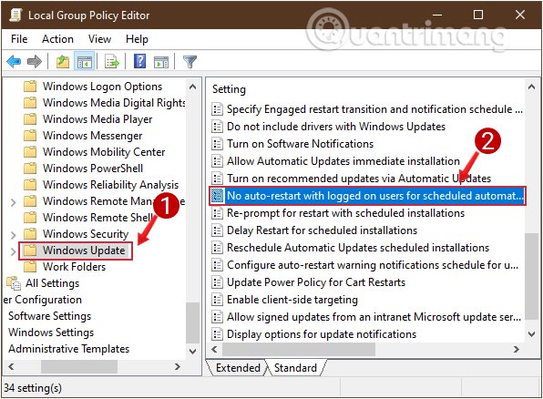 Tìm tùy chọn Không tự động khởi động lại với người dùng đã đăng nhập để cài đặt cập nhật tự động theo lịch trình trong Windows Update