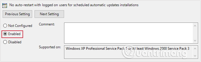Chọn Đã bật cho Không tự động khởi động lại với người dùng đã đăng nhập để cài đặt cập nhật tự động theo lịch trình