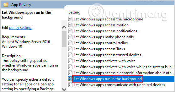 Trong Quyền riêng tư của ứng dụng, hãy tìm Cho phép ứng dụng Windows chạy trong nền