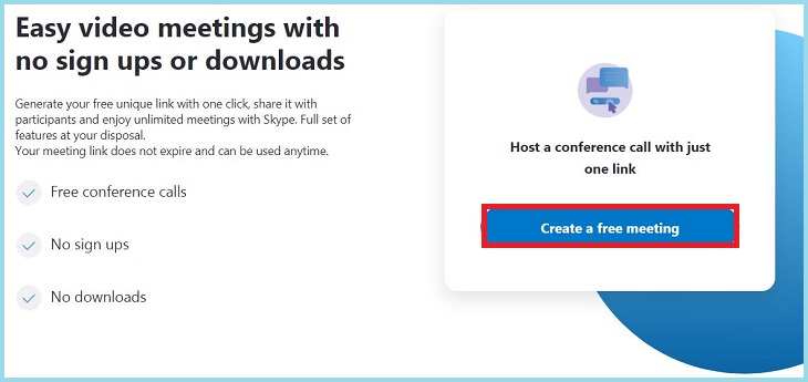 Truy cập trang web Meet Now và nhấp vào Tạo Cuộc họp Miễn phí