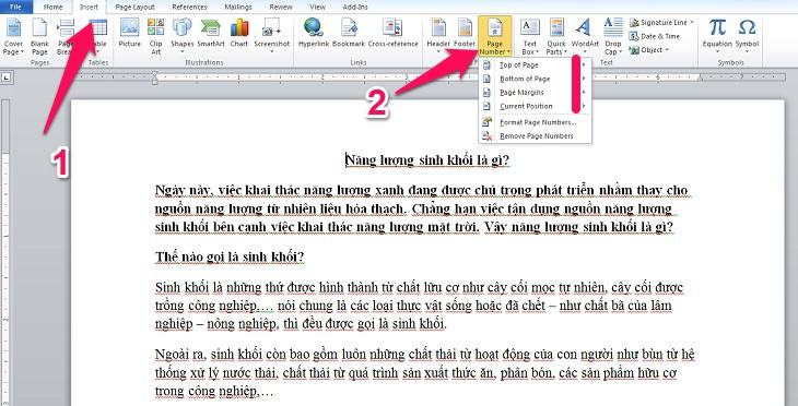 Chọn chèn, số trang và nơi lưu dấu trang