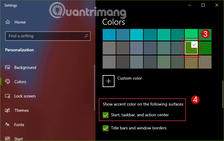 Chọn một màu và bật tùy chọn Start, Taskbar và Action Center