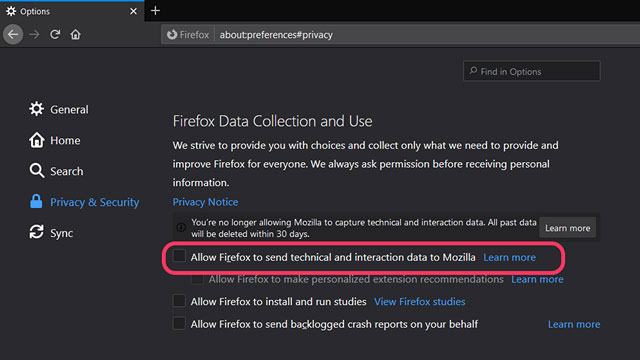 Hủy kích hoạt Cho phép Firefox gửi dữ liệu kỹ thuật và dữ liệu tương tác tới Mozilla