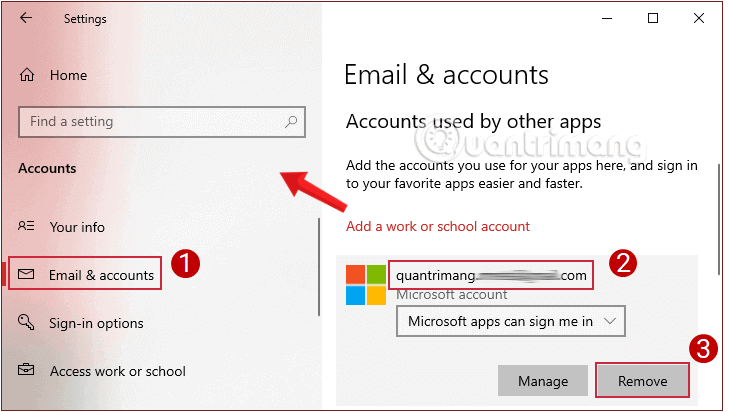 Trong Tài khoản email và ứng dụng, hãy chọn tài khoản Microsoft mà bạn muốn xóa