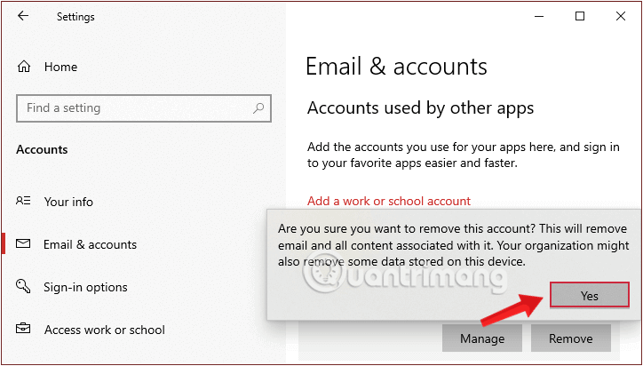 Trong thông báo bật lên, bấm Có để xác nhận việc xóa tài khoản Microsoft