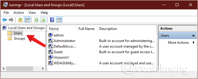 Chọn thư mục Users trong cửa sổ Local Users and Groups