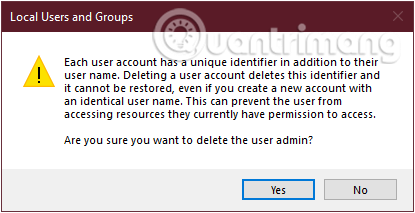 Nhấp vào Có để đồng ý với việc xóa tài khoản người dùng