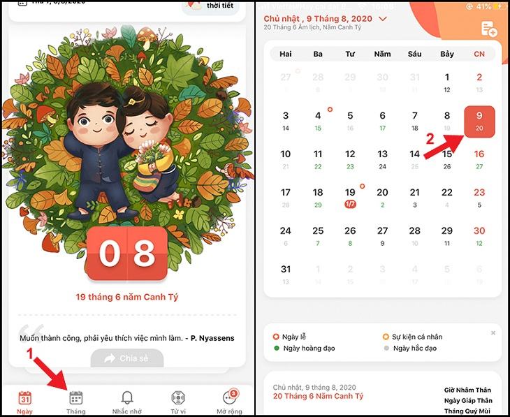 Lịch âm được hiển thị ngay bên dưới lịch