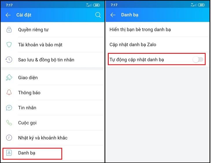 Tắt cập nhật liên hệ tự động