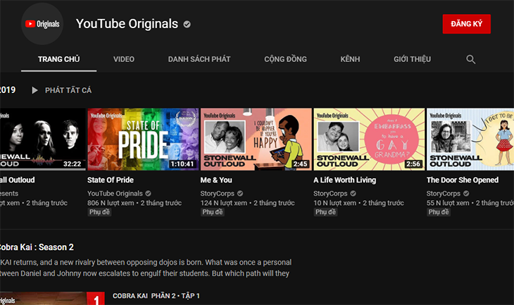 Giao diện của Youtube Originals