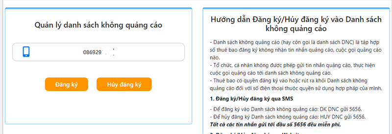 Bước 2: Nhập số điện thoại bạn muốn đăng ký để chặn cuộc gọi và tin nhắn rác 