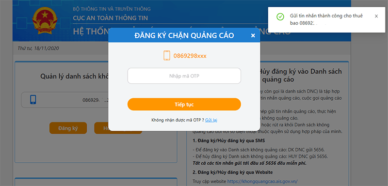 Bước 3: Nhập OTP bạn vừa nhận được vào hộp bật lên trên trang web