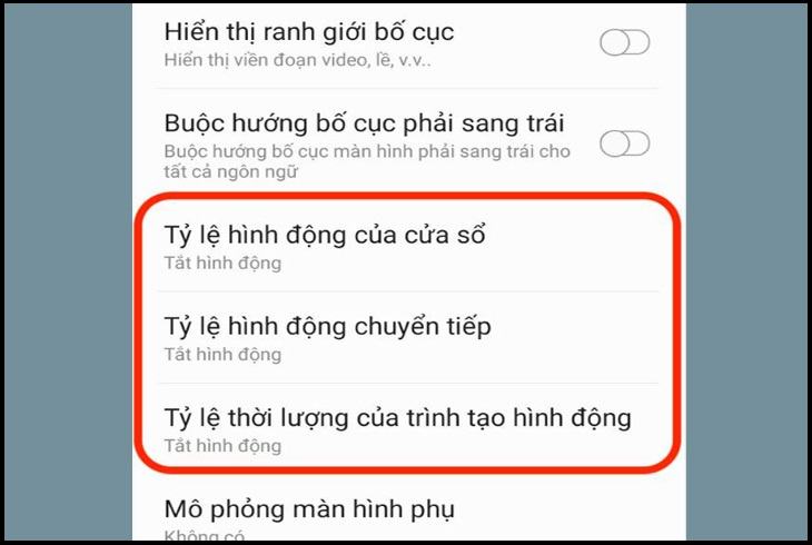 Điều chỉnh tỷ lệ hoạt ảnh thành 0,5 lần hoặc tắt tỷ lệ hoạt ảnh