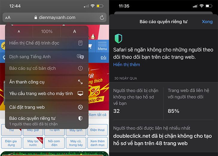 Thông báo quyền riêng tư trên Safari, theo dõi ứng dụng, wifi