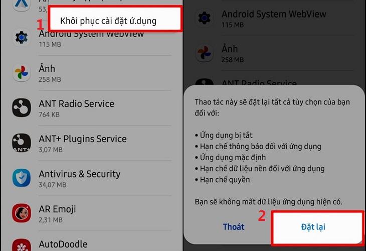 Bấm Khôi phục Cài đặt Ứng dụng, sau đó bấm vào nút Đặt lại.