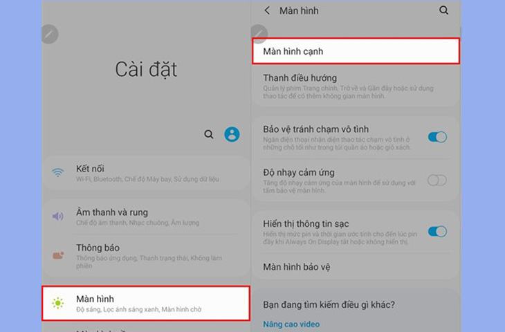 Di chuyển đến Cài đặt và chọn Màn hình cạnh