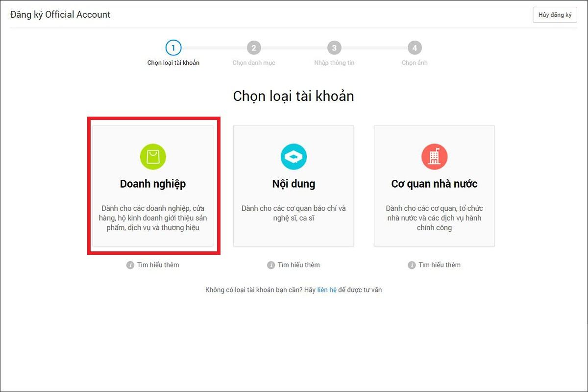 Bước 2: Chọn loại tài khoản OA 