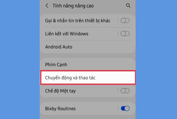 Chọn phần tử tính năng Chuyển động và Cử chỉ