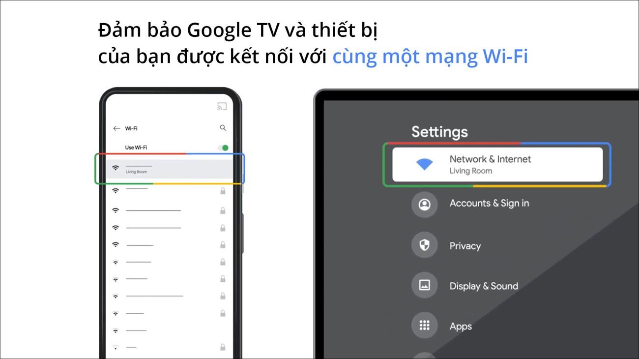 Đảm bảo Google TV và thiết bị của bạn được kết nối với cùng một mạng Wi-Fi