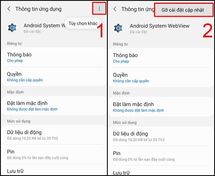 Gỡ cài đặt các bản cập nhật cho ứng dụng WebView hệ thống Android