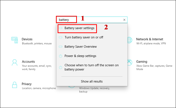 Nhập pin từ khóa vào thanh tìm kiếm.  Sau đó chọn Cài đặt tiết kiệm năng lượng.
