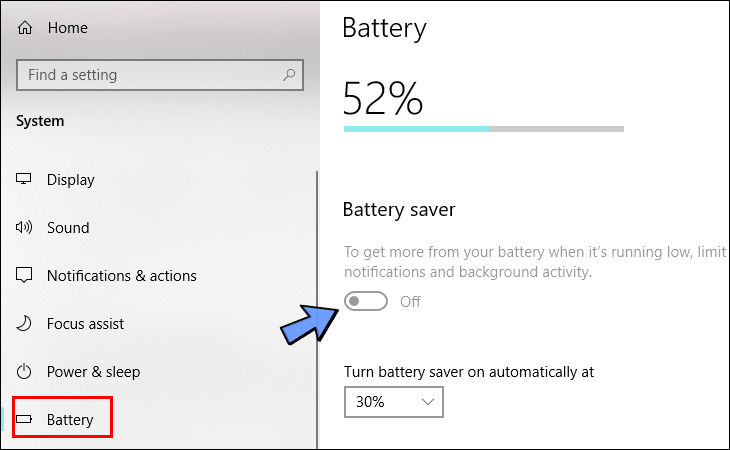 Trong cửa sổ Pin, nhấp vào công tắc để bật hoặc tắt chế độ tiết kiệm pin.